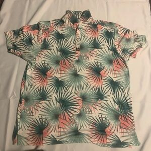 Bad Birdie Tropical Palm Print Short Sleeve Polo - Green & Coral on White
